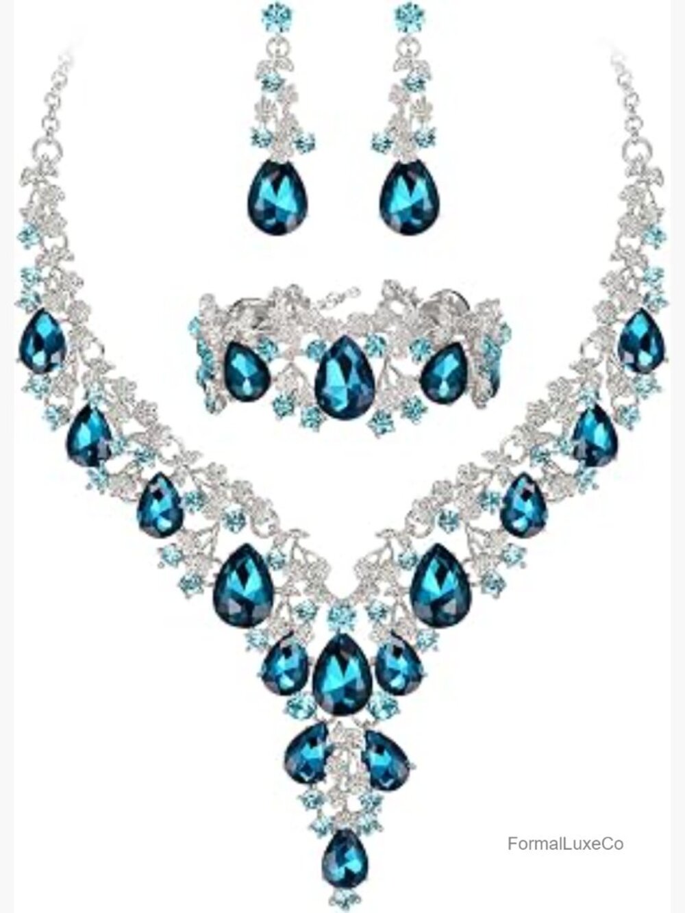 Austrian Crystal Teardrop Flower Cluster Statement Necklace & Earrings Set